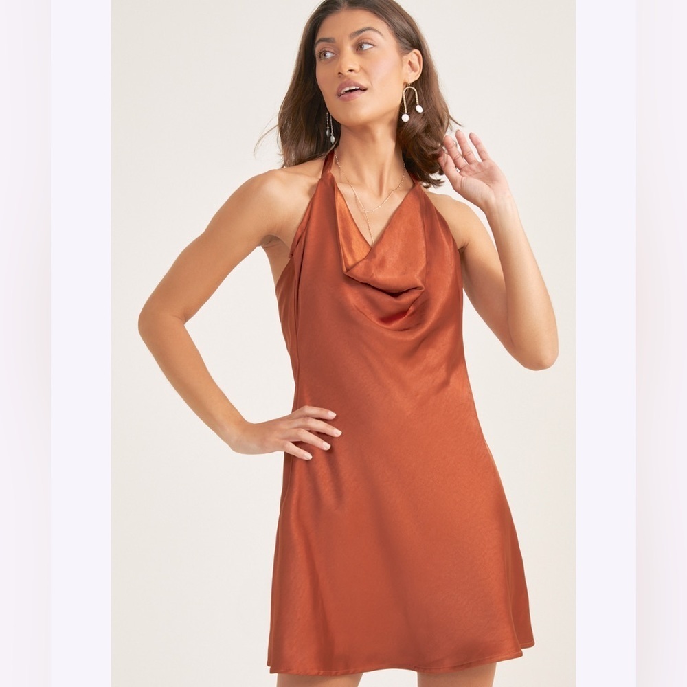 Altar’d State Satin Halter Mini Dress Cowl Neck Open Back Rust Womens Small Chic